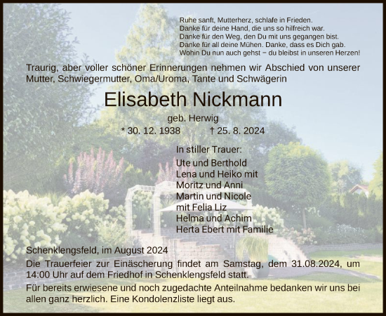 Traueranzeige von Elisabeth Nickmann von HZ