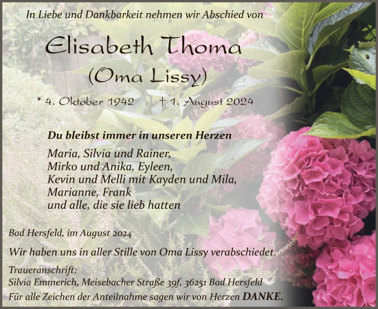 Traueranzeige von Elisabeth Thoma von HZ