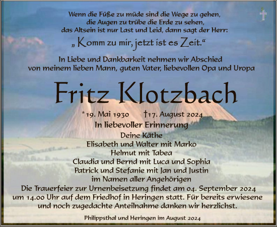 Traueranzeige von Fritz Klotzbach von HZHNA