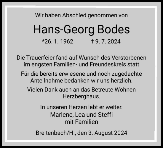 Traueranzeige von Hans-Georg Bodes von HZ