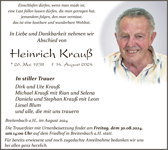 Traueranzeige von Heinrich Krauß von HZ