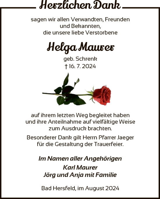 Traueranzeige von Helga Maurer von HZ