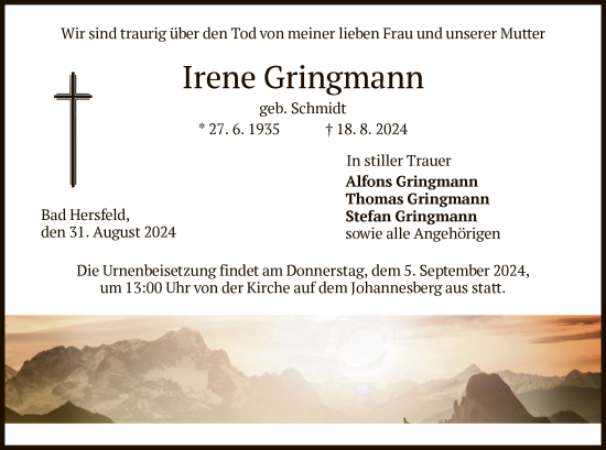 Traueranzeige von Irene Gringmann von HZ