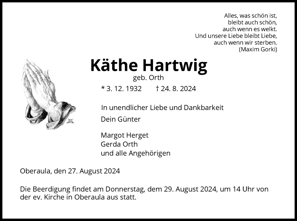  Traueranzeige für Käthe Hartwig vom 27.08.2024 aus HNAHZ