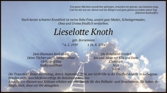Traueranzeige von Lieselotte Knoth von HZ