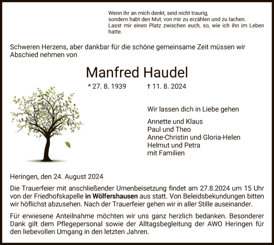 Traueranzeige von Manfred Haudel von HZ