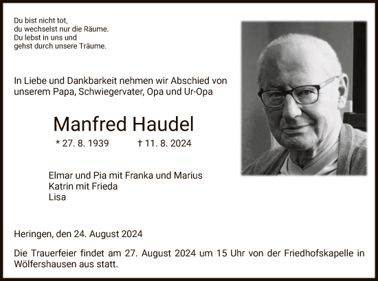 Traueranzeige von Manfred Haudel von HZ