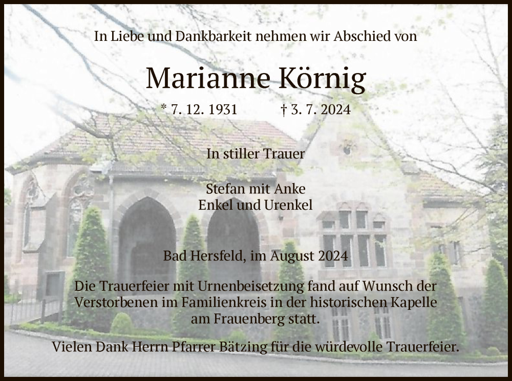  Traueranzeige für Marianne Körnig vom 03.08.2024 aus HZ