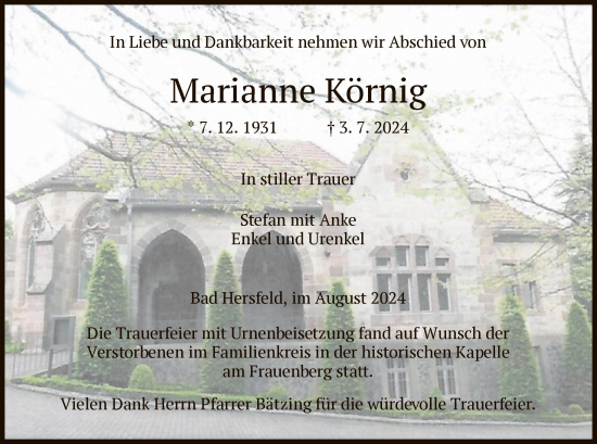 Traueranzeige von Marianne Körnig von HZ