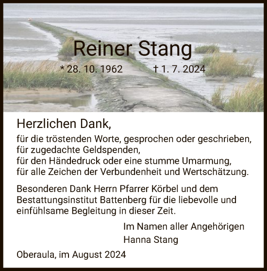 Traueranzeige von Reiner Stang von HZHNA