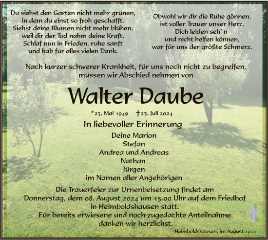 Traueranzeige von Walter Daube von HZHNA