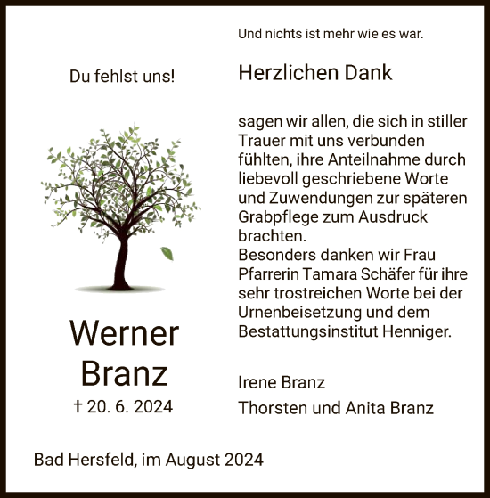 Traueranzeige von Werner Branz von HZ