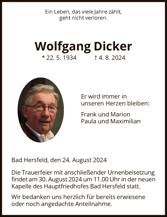 Traueranzeige von Wolfgang Dicker von HZ