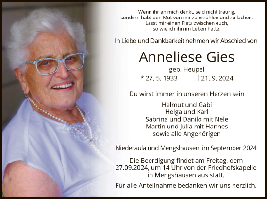 Traueranzeige von Anneliese Gies von HZ