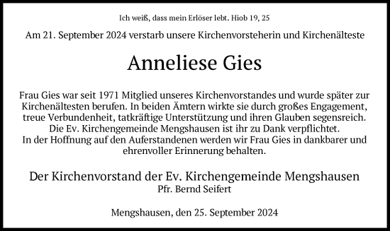 Traueranzeige von Anneliese Gies von HZ