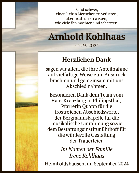 Traueranzeige von Arnhold Kohlhaas von HZ