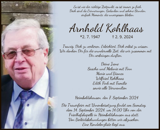 Traueranzeige von Arnhold Kohlhaas von HZ