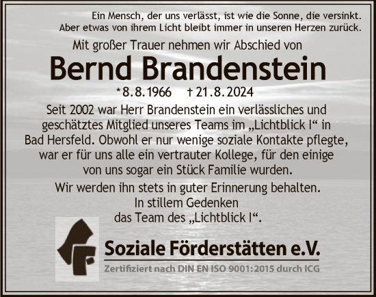 Traueranzeige von Bernd Brandenstein von HZ