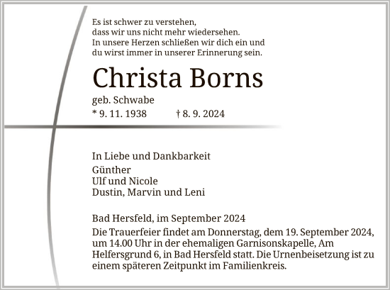 Traueranzeige von Christa Borns von HZ