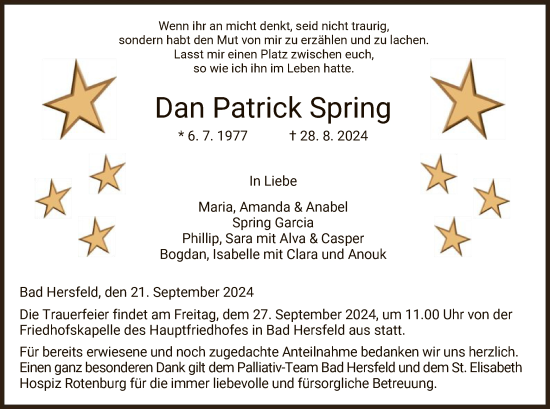 Traueranzeige von Dan Patrick Spring von HZ