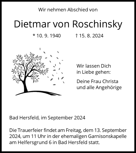 Traueranzeige von Dietmar von Roschinsky von HZ