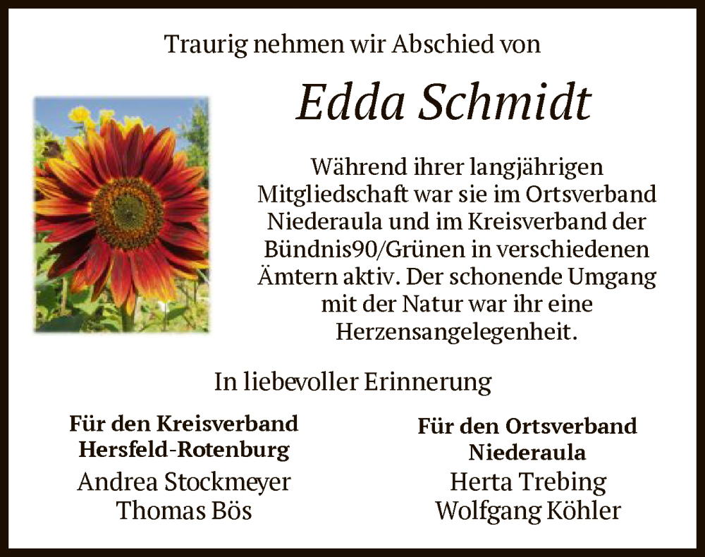  Traueranzeige für Edda Schmidt vom 14.09.2024 aus HZ