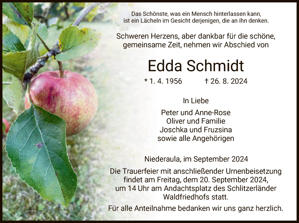  Traueranzeige für Edda Schmidt vom 07.09.2024 aus HZ