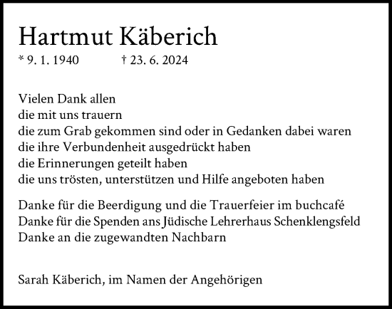 Traueranzeige von Hartmut Käberich von HZ