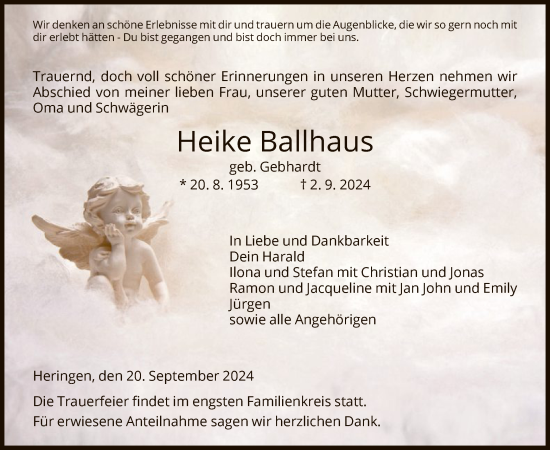 Traueranzeige von Heike Ballhaus von HZ