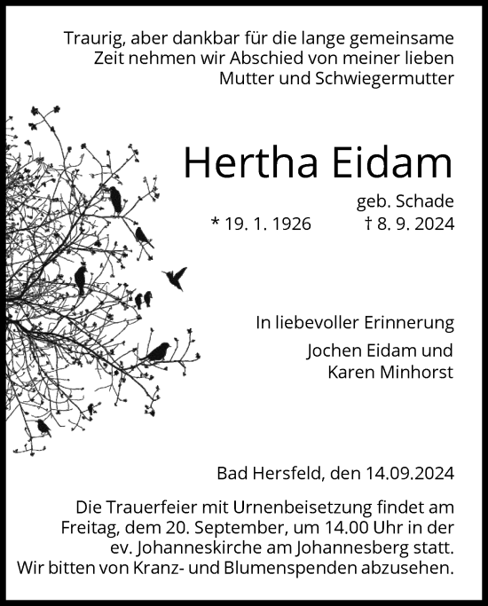 Traueranzeige von Hertha Eidam von HZHNA