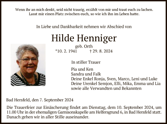 Traueranzeige von Hilde Henniger von HZ