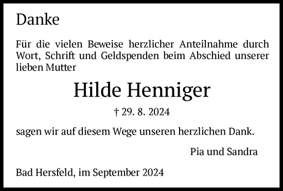 Traueranzeige von Hilde Henniger von HZ