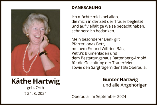 Traueranzeige von Käthe Hartwig von HZHNA