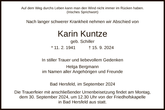 Traueranzeige von Karin Kuntze von HZHNA