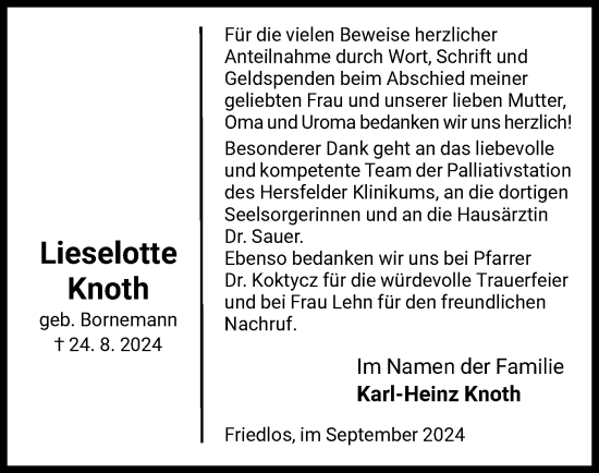 Traueranzeige von Lieselotte Knoth von HZ