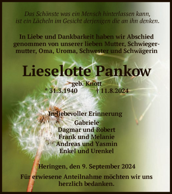 Traueranzeige von Lieselotte Pankow von HZ