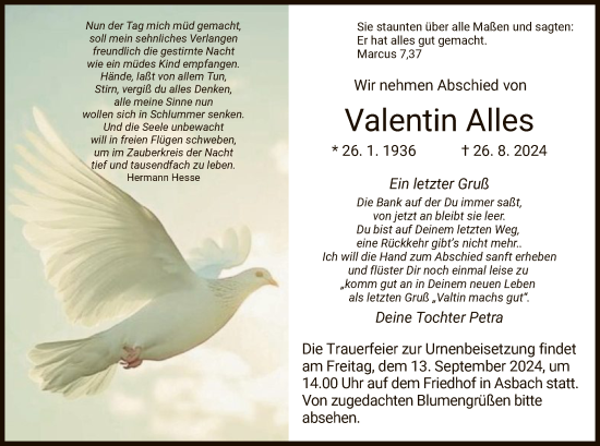 Traueranzeige von Valentin Alles von HZ