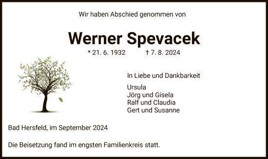 Traueranzeige von Werner Spevacek von HZ