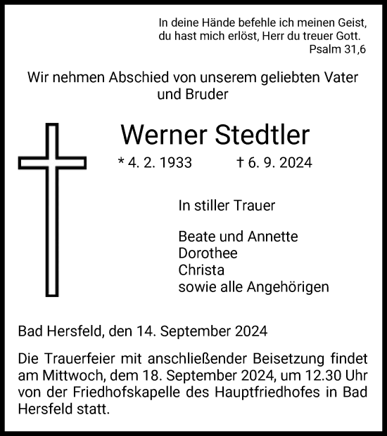 Traueranzeige von Werner Stedtler von HZ