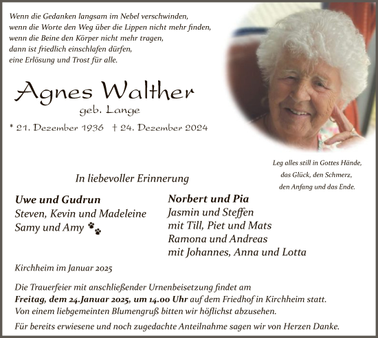 Traueranzeige von Agnes Walther von HZ