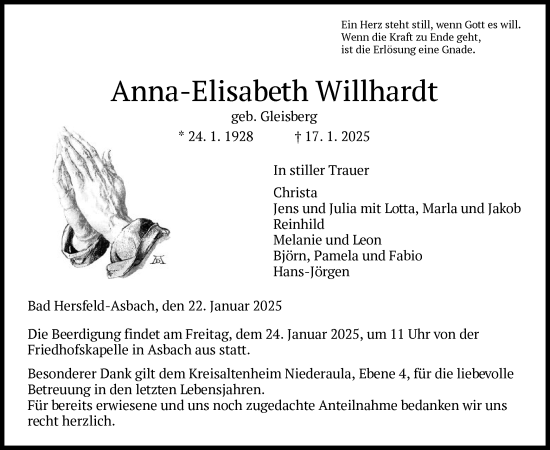 Traueranzeige von Anna-Elisabeth Willhardt von HZ