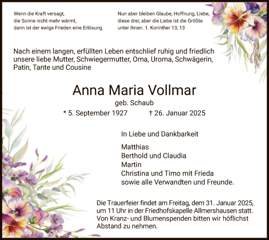 Traueranzeige von Anna Maria Vollmar von HZ