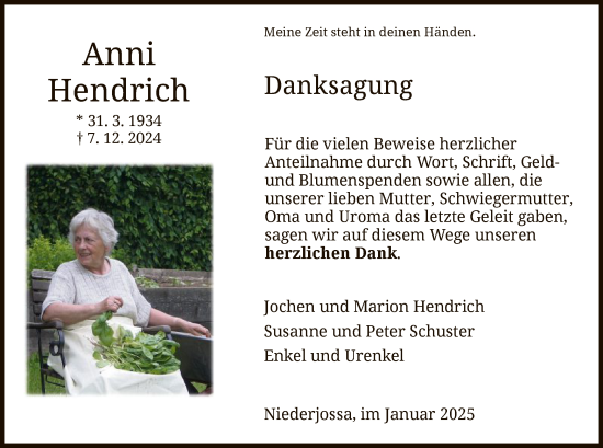 Traueranzeige von Anni Hendrich von HZHNA