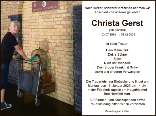 Traueranzeige von Christa Gerst von HZ