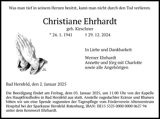 Traueranzeige von Christiane Ehrhardt von HZ