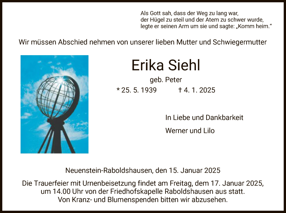  Traueranzeige für Erika Siehl vom 15.01.2025 aus HZ