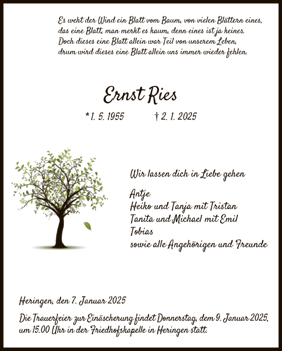 Traueranzeige von Ernst Ries von HZ