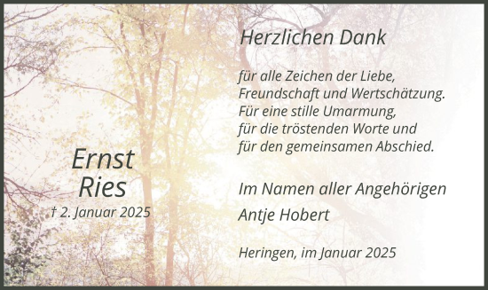 Traueranzeige von Ernst Ries von HZHNA