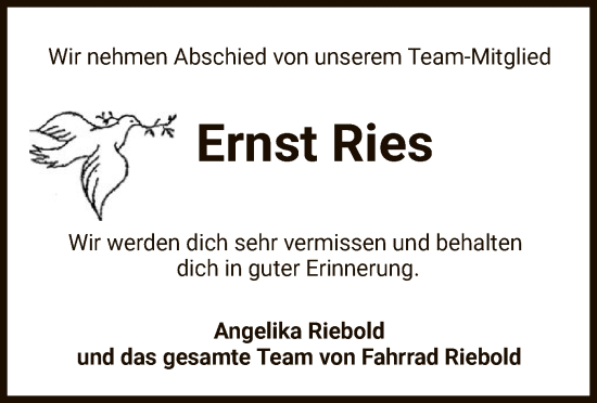 Traueranzeige von Ernst Ries von HZ
