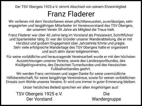 Traueranzeige von Franz Fladerer von HZ